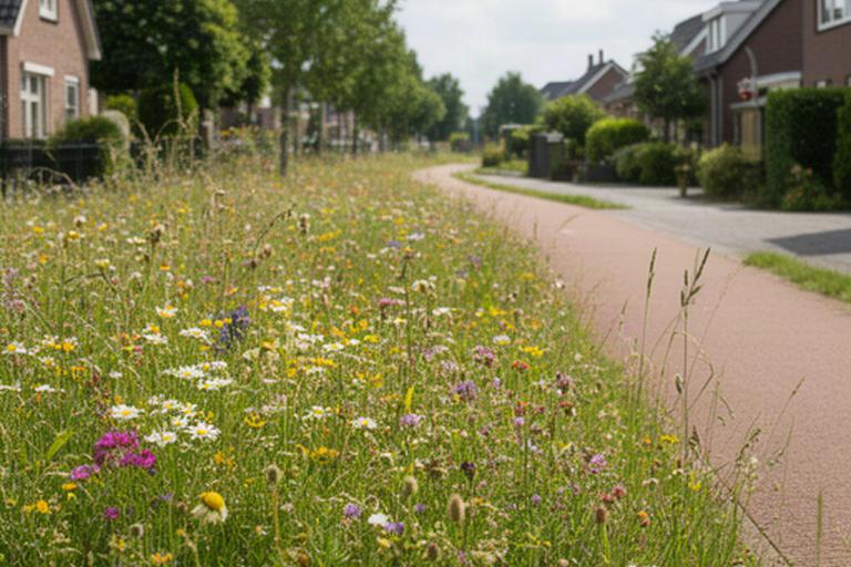 Bloemrijke berm langs een woonstraat in Druten met inheemse bloemen en een wandelpad