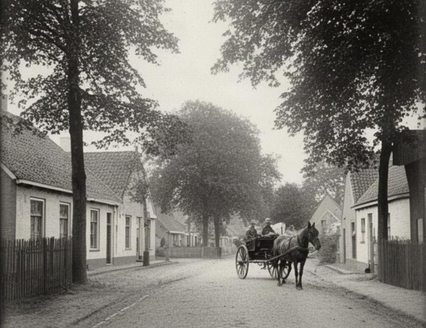 Historische zwart-witfoto van een straat in Druten met lage huizen, bomen en een paard en wagen
