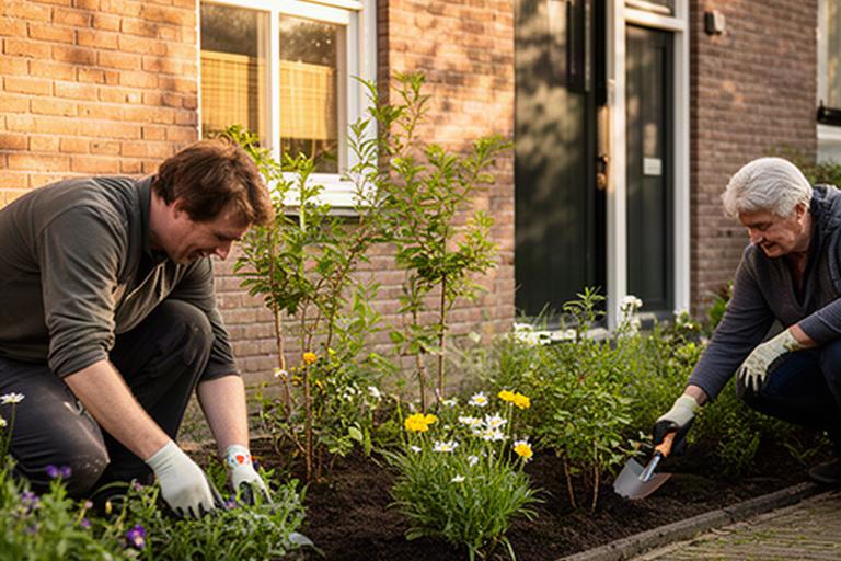 Bewoners leggen een kleine geveltuin aan bij een bakstenen huis in Puiflijk, met vaste planten en jonge struiken