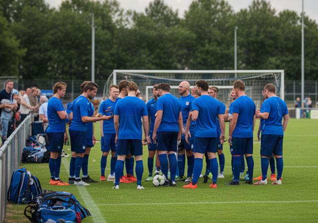 Voetbalteam in blauwe shirts bespreekt de opstelling langs het veld voor een wedstrijd in Druten